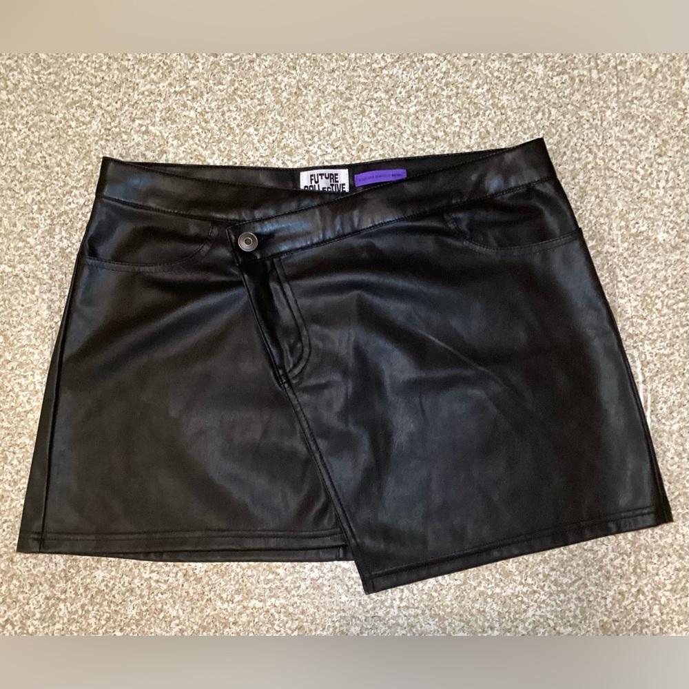 Future Collective Asymmetrical Black Mini Faux Leather Skirt Size 6
